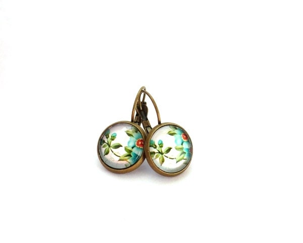 Earrings - blue green flower, leaf jewelry gift for her - Spring and Summer set, vintage style, shabby chic romantic dangles