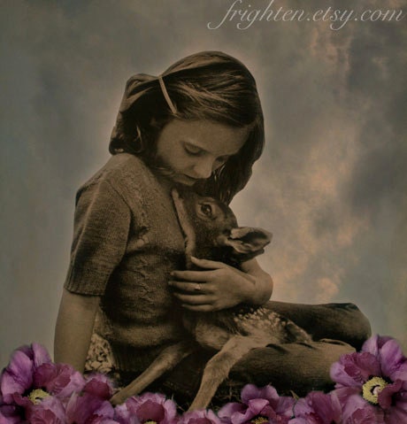 Mixed Media Collage Print, Fawn, Girl with Pet Deer and Flowers, Spring Art