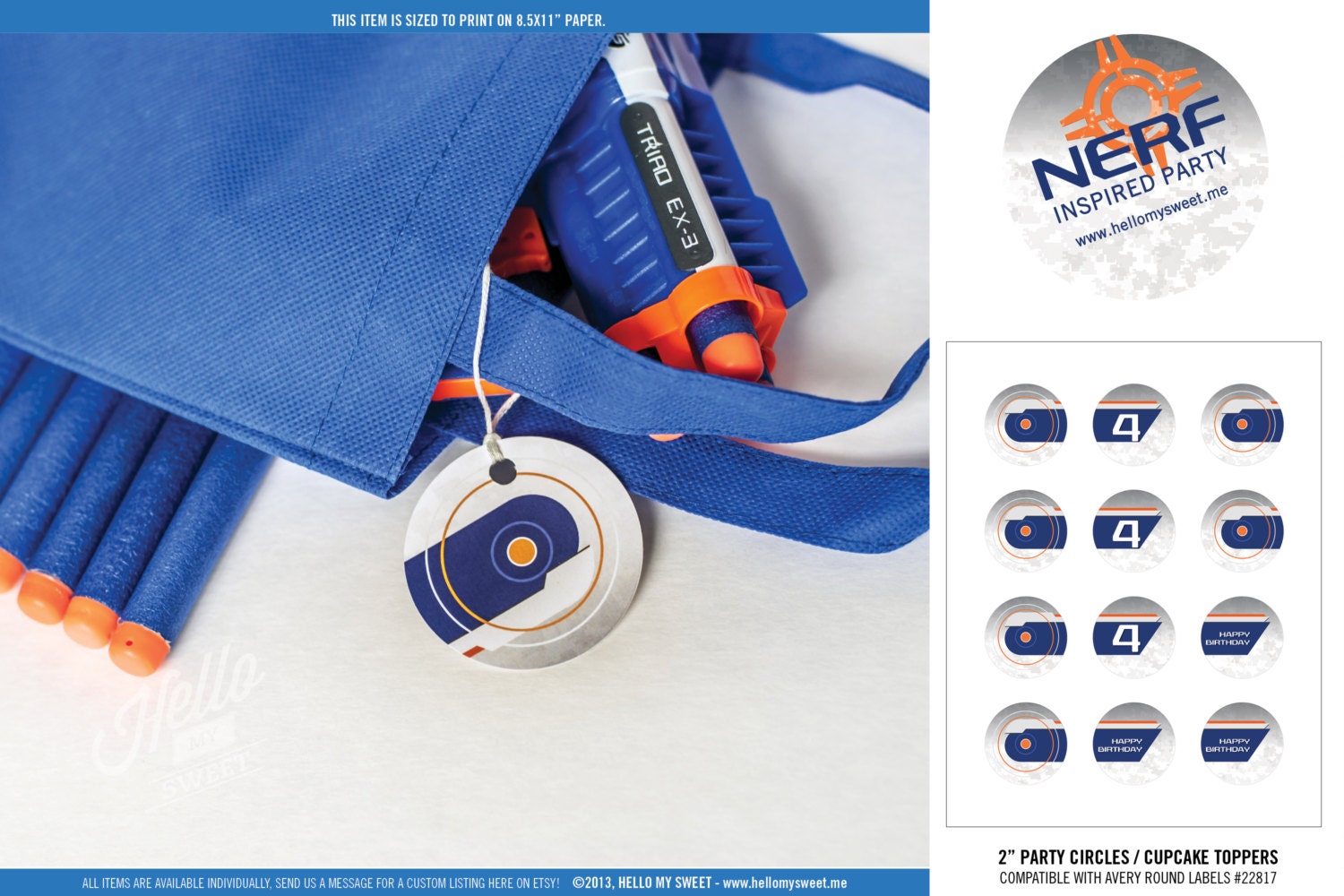 Nerf Party Circles - Printable Birthday Party Decorations - 2" Favor Tags - Blue Orange