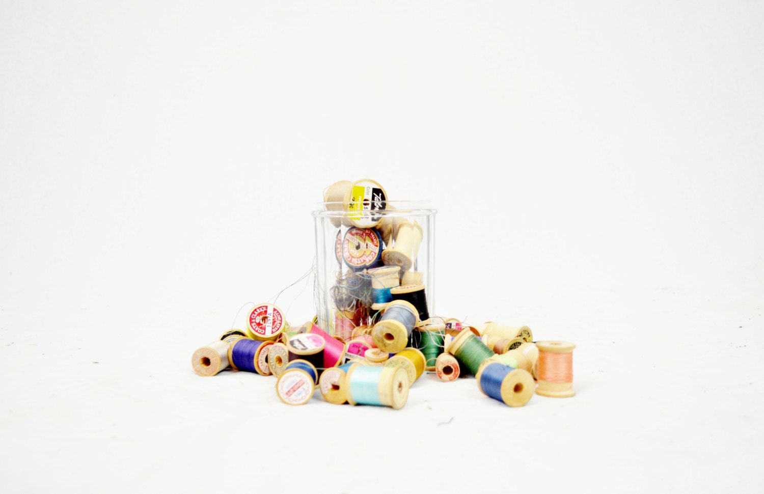 52 Vintage Wood Spools with Thread