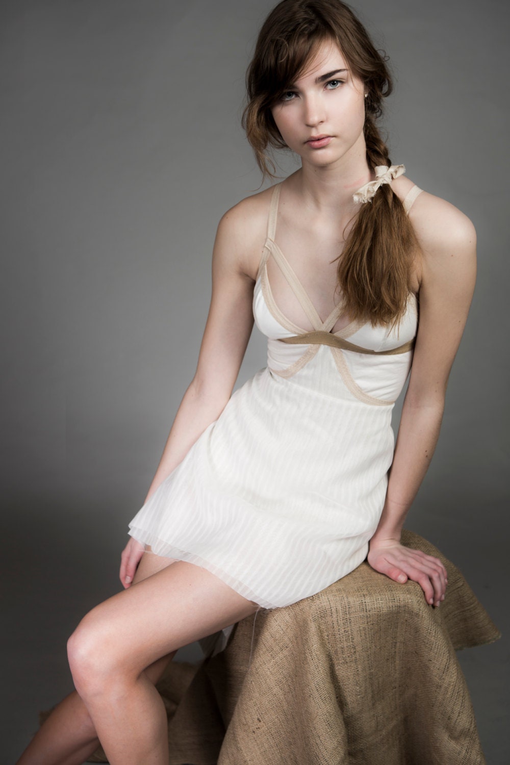 Strappy Cut - Out White and Tan Hi - Low Tail Dress