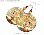 Klimt - Tree of life motif Earth tones decoupage jewelry Brown Ecru Beige, gift for her under 25