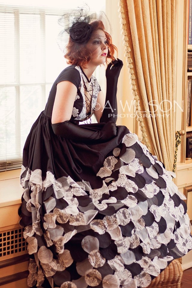 Film Noir Wedding Gown in black bamboo and upcycled lace