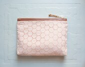 PEACH Eyelet Clutch. Peach Leather Cosmetic Bag. Large Make Up Bag.