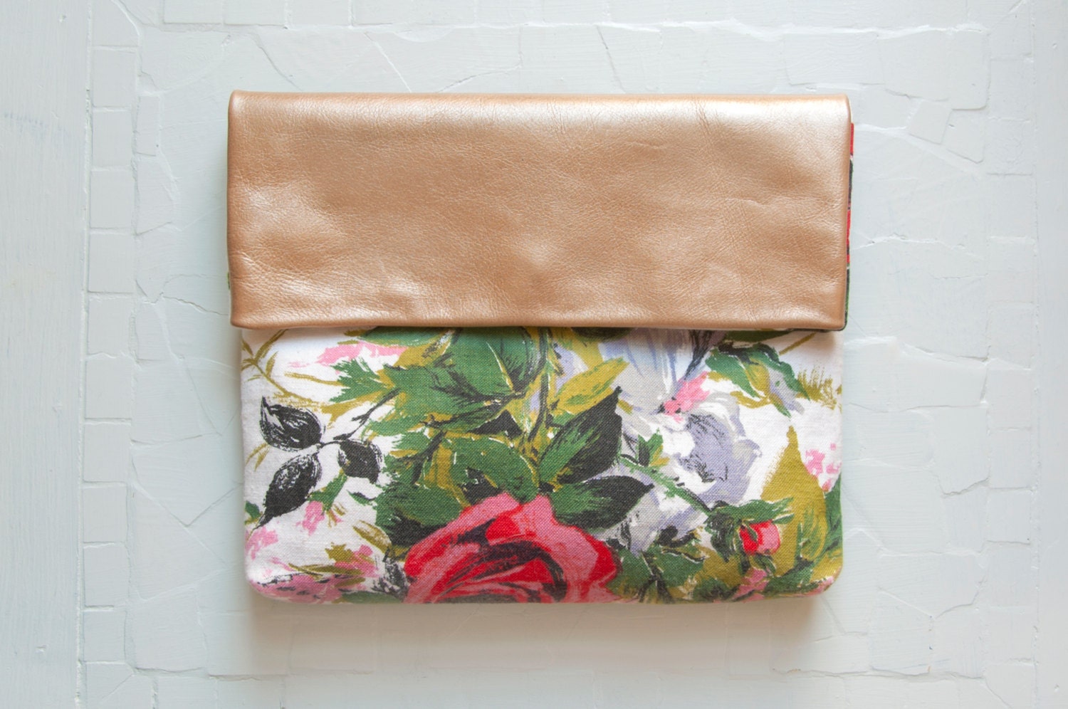 RED Rose Gold Leather Clutch. Floral Cotton Clutch. Leather Envelope Clutch