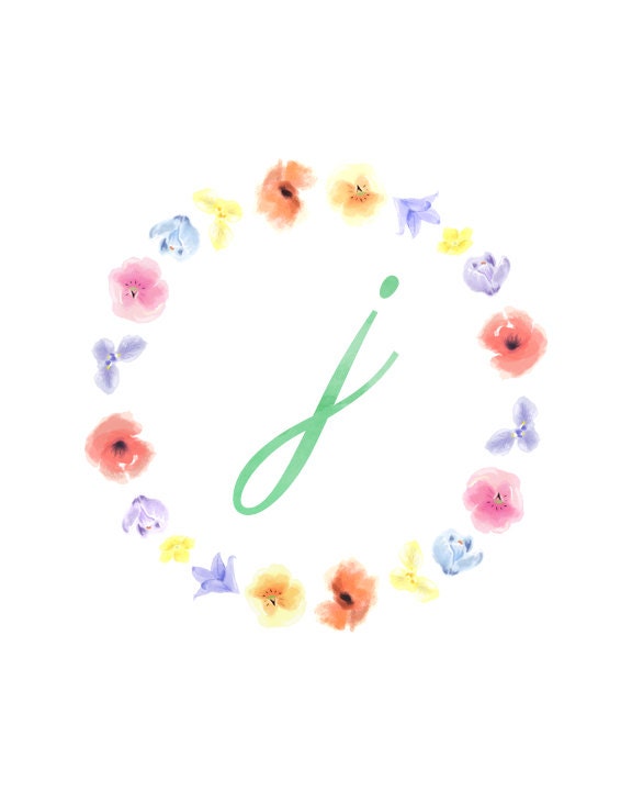Floral Initial Print - Personalized Nursery Art Print - English Flowers - A4 or 8x10