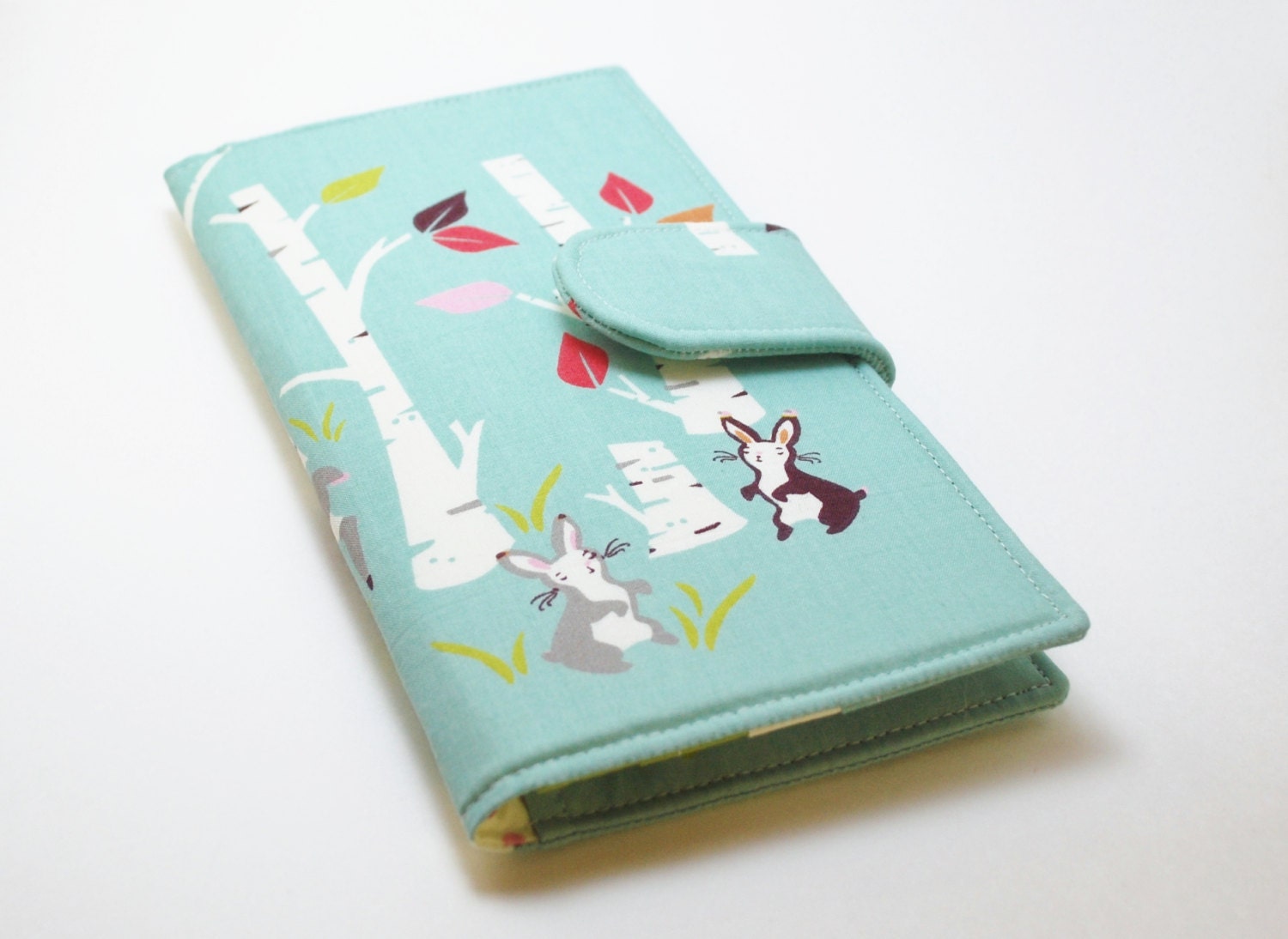Women's Wallet, Organic Fabric Clutch, Vegan Wallet, Woodland Animals and Birch Trees, Teal - Made to Order