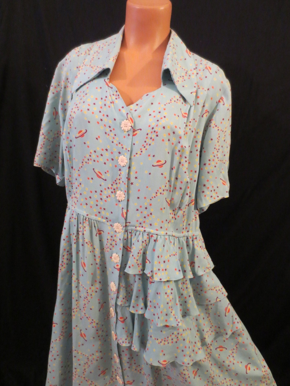 SPACE AGE ATOMIC vintage dress - saturn star novelty print - rayon ruffle sz 16 18
