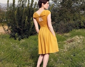 HOLLY GOLIGHTLY in MUSTARD - Muted yellow dress with pockets // pleated skirt // back cut out & bow // bridesmaid dress // vintage inspired