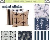 Decorative Throw Pillow Cover 18x18 - Nautical Collection - Nautical Anchor, Starfish, Navy Coral, Navy & White Stripe, Seahorses