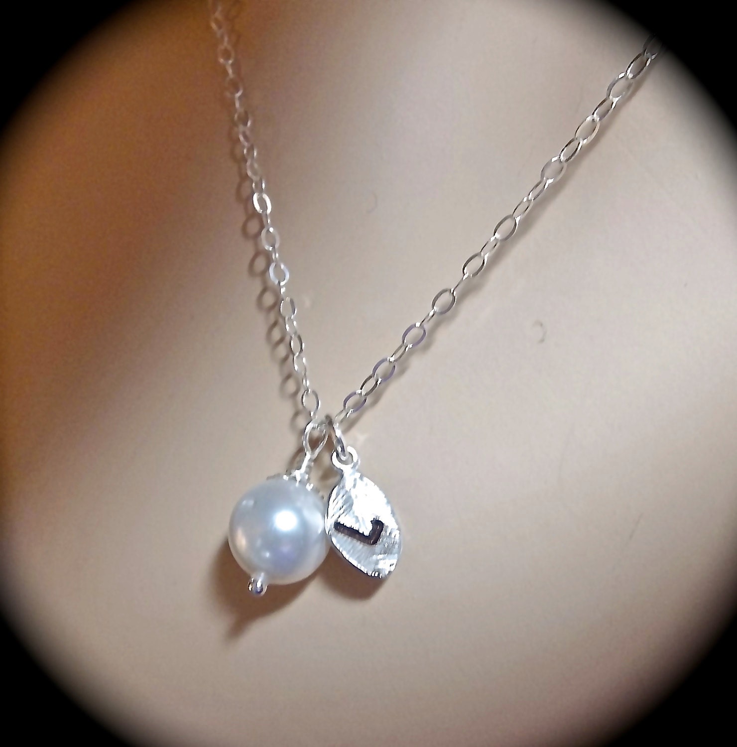 Pearl necklace - Bridal jewelry -Personalized -Sterling Silver-Hand stamped - Initial - Bridesmaids -  Classic Jewelry - gift -