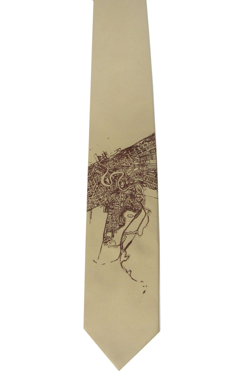 Dark Beige Necktie - Cleveland 1904 Map (Halftone Lake), screenprinted in Tan and Brown