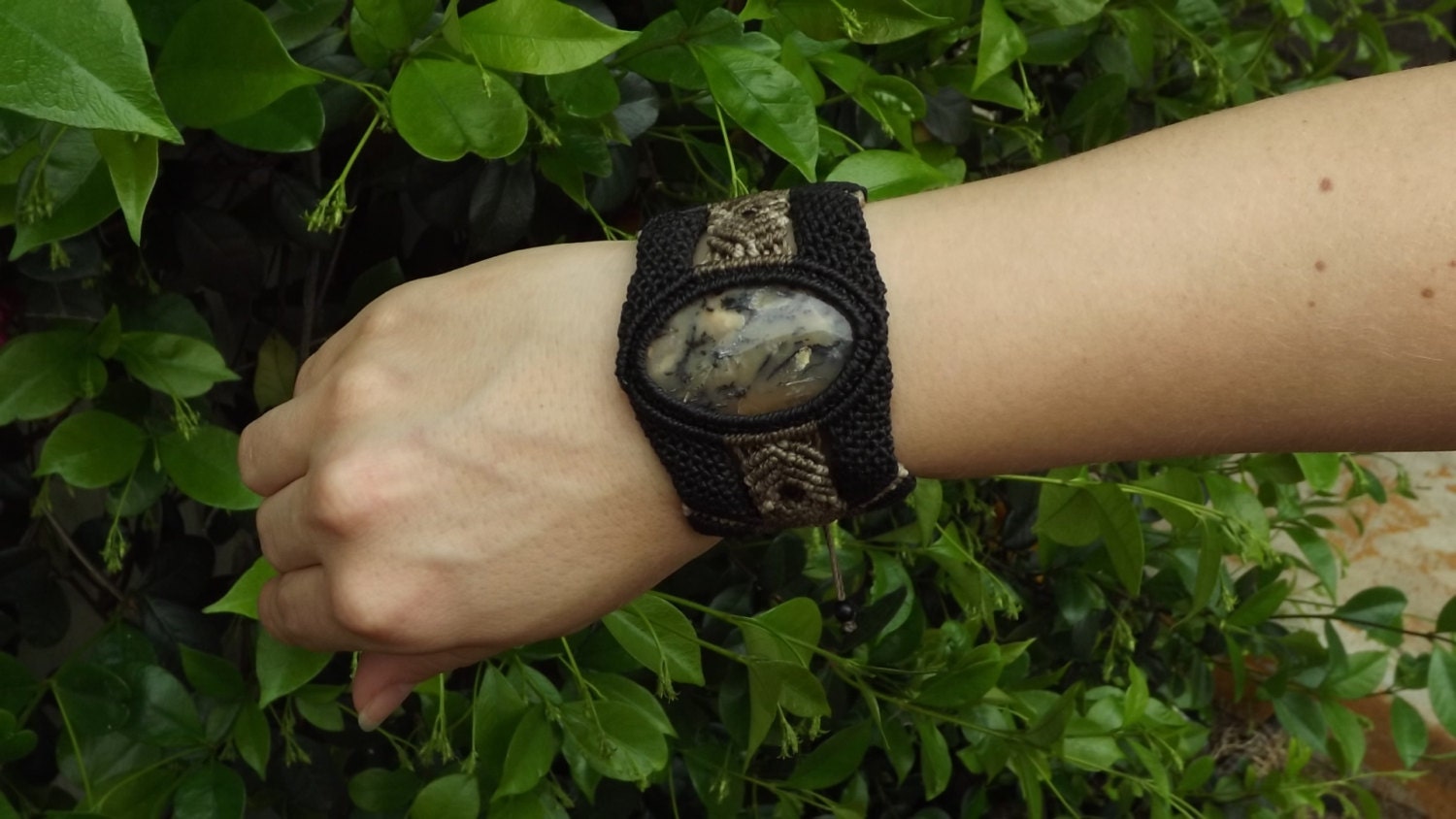 White Opal Micro Macrame Cuff Bracelet- Unisex and OOAK