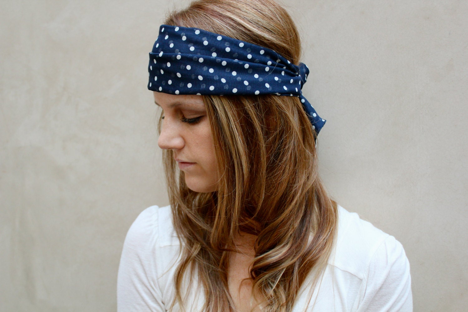 Hair Scarf, Polka Dot Hair Wrap, Purse Scarf, Neck Bow, Hair Bow, Navy Blue, White