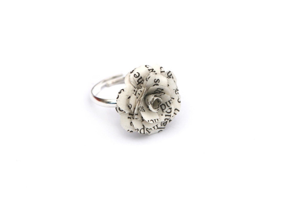 Book Page Flower Ring - eco whimsical ring made from the pages of a book on an Adjustable silver tone Base