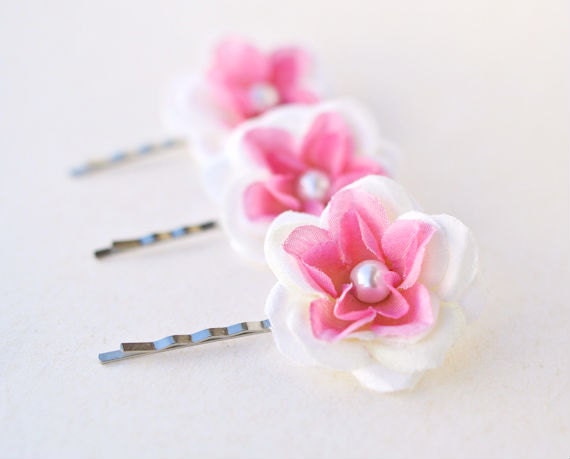 Pink and White Flower Hair Clips (set of 3) Bridal Hair Pins Roses Wedding Hair Flowers Whimsical Hair Accessories Garden Wedding