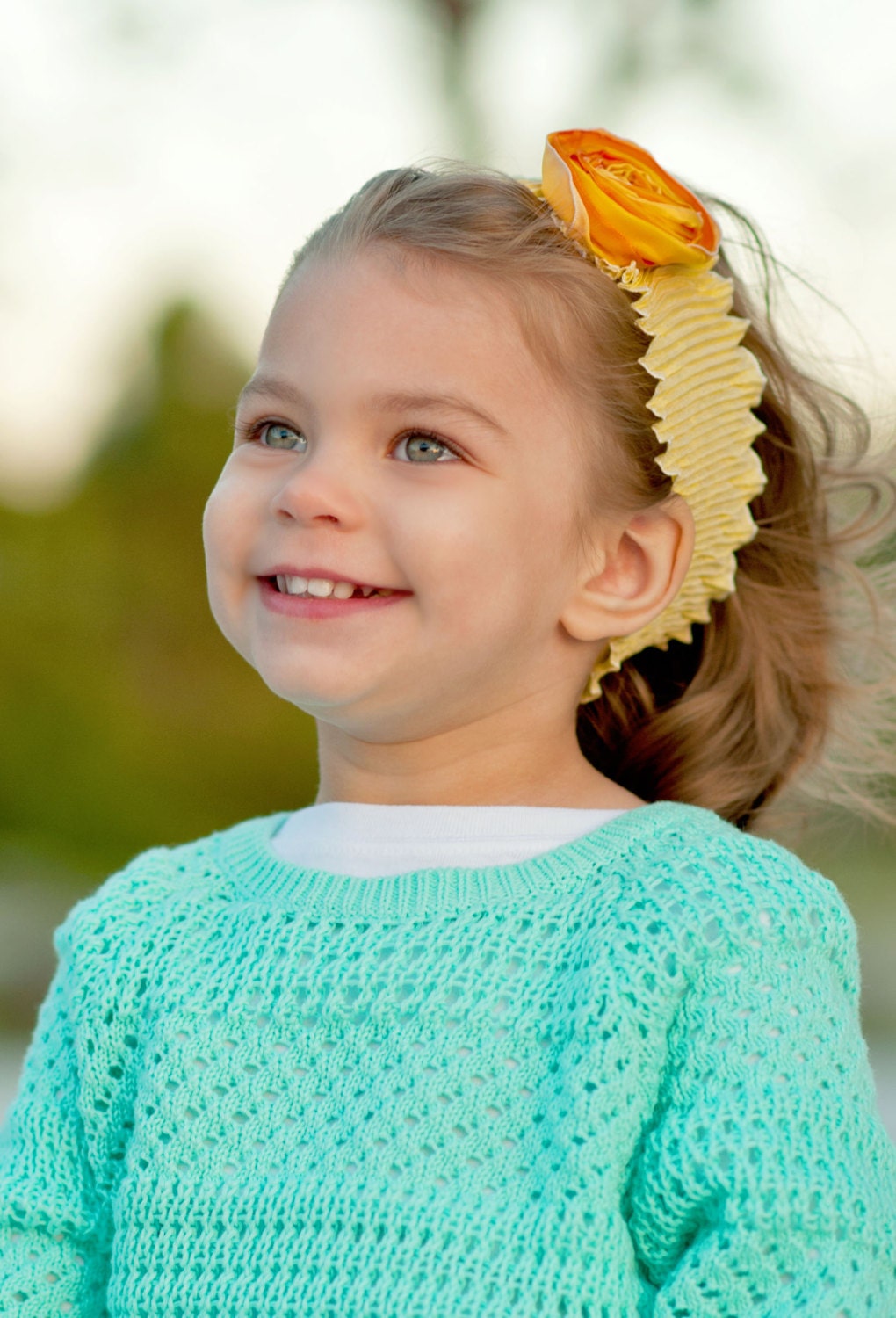 Yellow Ruffled Headband, handmade 2" tangerine ombre rosette stretches to 22" size Medium