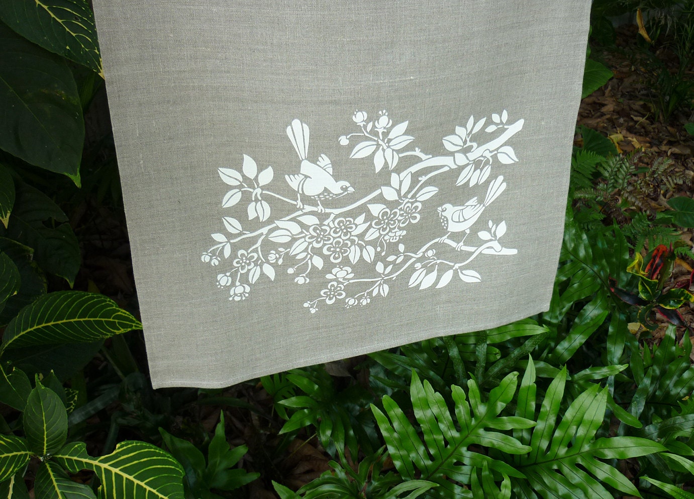 hand printed linen tea towel - Blossom Bird white on flax linen