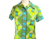 1960s Alex Coleman Blouse - Novelty Print Blouse - Button Front Shirt - Mad Men - Patterned Blouse - Size Large