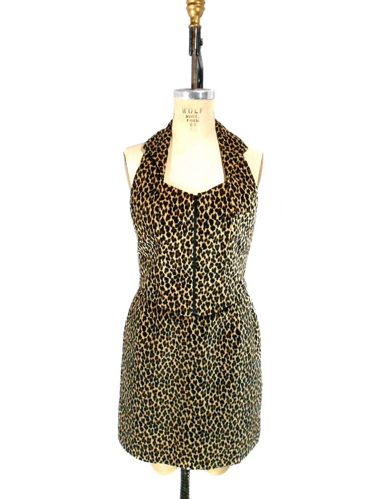 1990s Cachè Leopard Print Outfit - Vest Skirt - Cotton Velvet - Two Piece Outfit - Animal Print Sexy - Deadstock NWT - Size 10