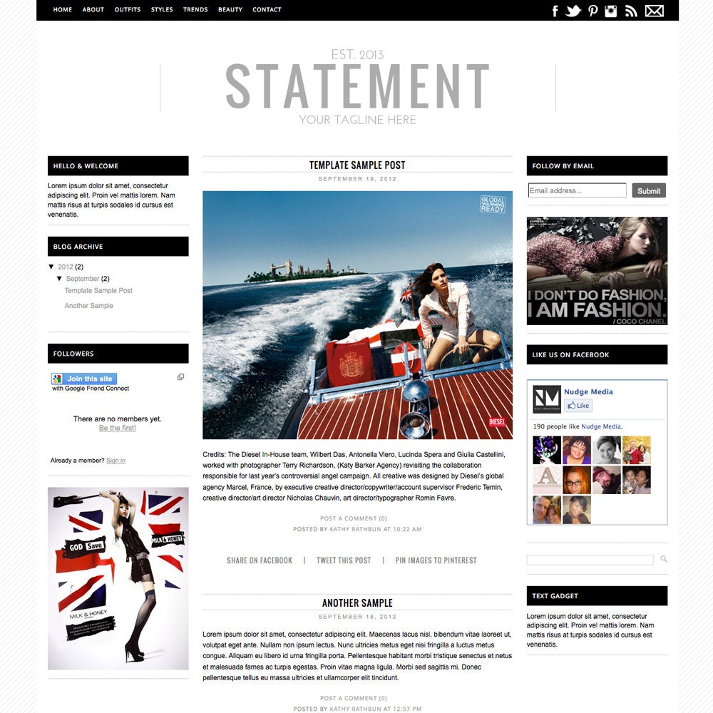 Premade Blogger Template - 3 Column Fashion Blog Template