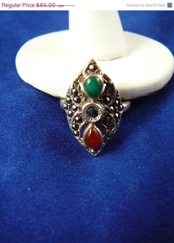 50% OFF 925 Sterling Silver Art Deco Carnelian, Onyx and Marcasite Ring