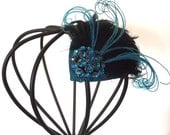 Handmade Fascinator, Vintage Style, Feather Accent, Teal, Black, Crystal Pendant, 1920s Inspired, Bachelorette, Costume/Theater Accessory