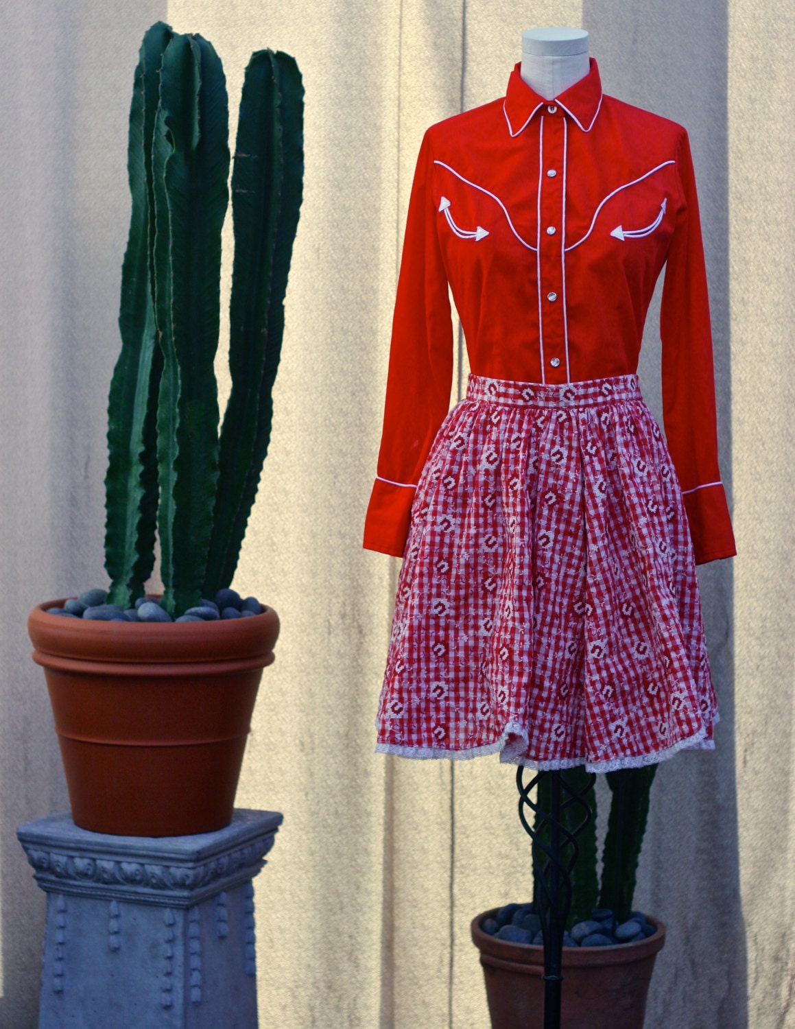 Vintage // 1970s // For the Frill of It // Embroidered Gingham // Handmade Skirt//