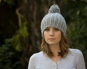 Women's Hat, Pom Pom Beanie, Ski Cap, Crochet Gray Hat