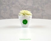 Miniature white planter with green flower, spring summer home decoration