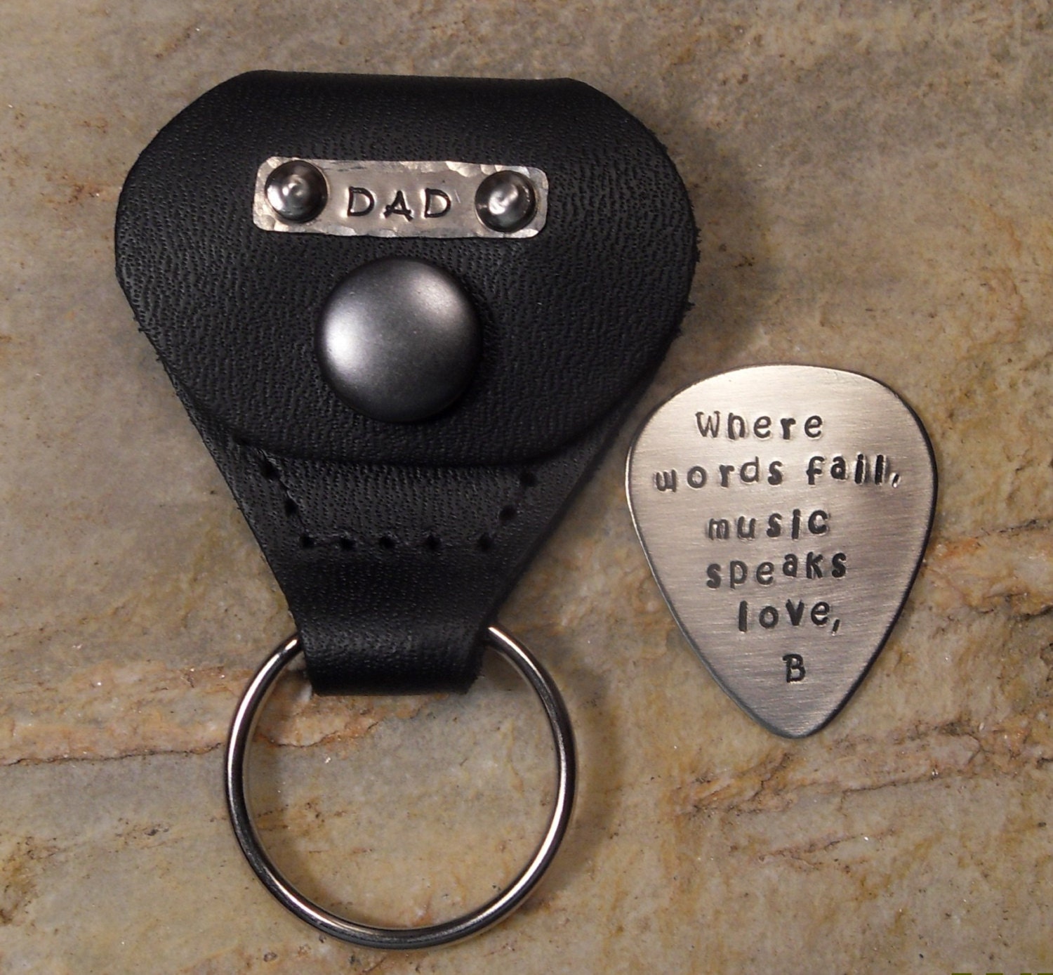 Personalized Guitar Pick & Black Leather Guitar Pick Holder/ Nickel Silver Guitar Pick/ Fathers Day