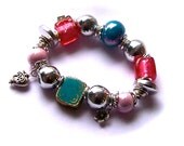 Chunky Summer Bracelet, Pink, Silver, Blue, Heart Charm, Flower Charm, Pretty, One of a kind, Eclectic, Boho