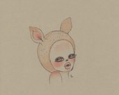 Deer girl drawing art print 8x10