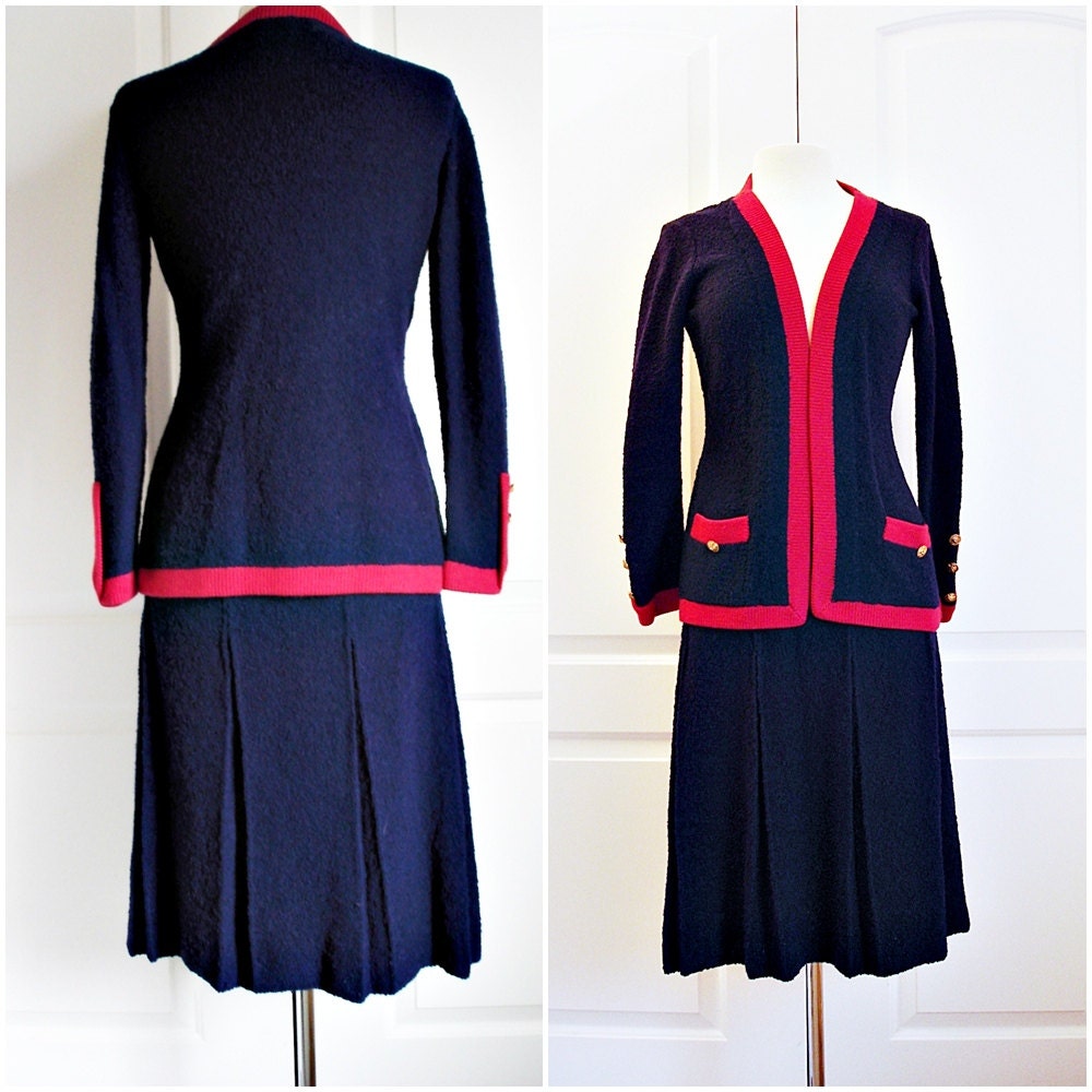 Vintage 60s Adolfo skirt suit/ designer navy blue wool boucle knit/ skirt & jacket/ red trim