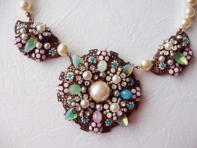 Pastel Colors Rhinestone Necklace in Art Nouveau Style with Imitation Pearls Antique Copper Statement Necklace Rhinestone Beaded Signed mdmB