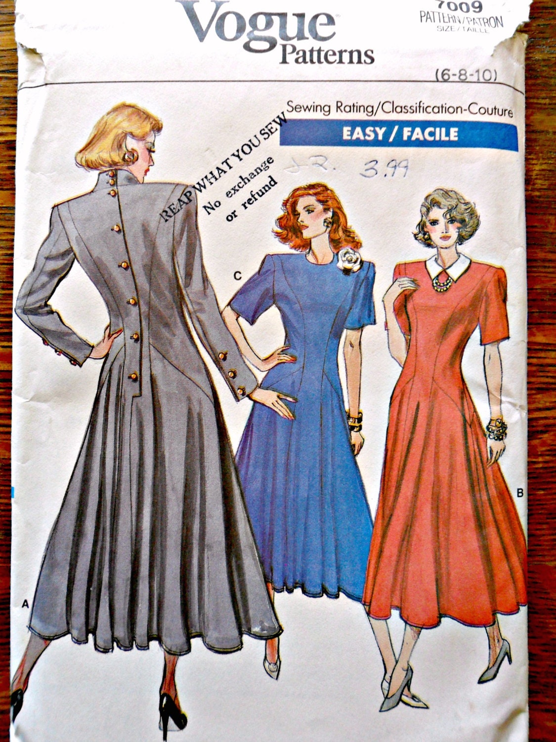 Misses Fitted and Flared Dress Vintage Vogue 7009 Sewing Pattern Size 6 8 10
