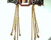 Velvet choker necklace with rhinestones, brass chains, and bells. OOAK Women's jewelry.