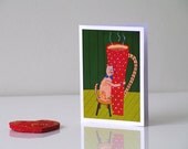 Cat greeting card Funny kitty art Big coffee tea cup / Green and red / Animal painting / Cat illustration / Gift idea under 5 usd