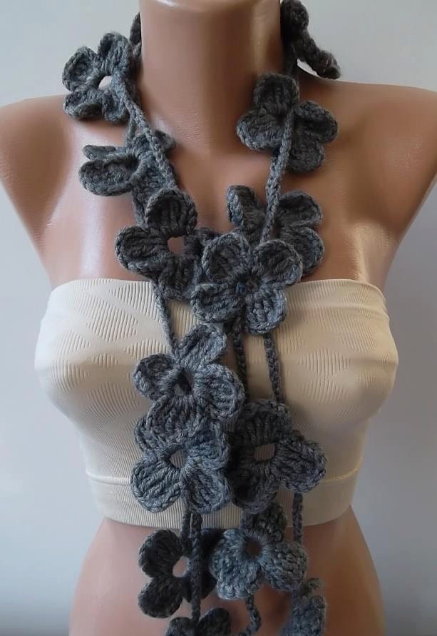 Gray  Flower Lariat Scarf Necklace
