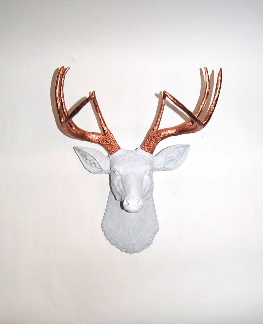 Fake Deer Head - The Hamilton - White W/ Rose Gold Copper Antlers Resin Deer Head- Stag Resin White Faux Taxidermy