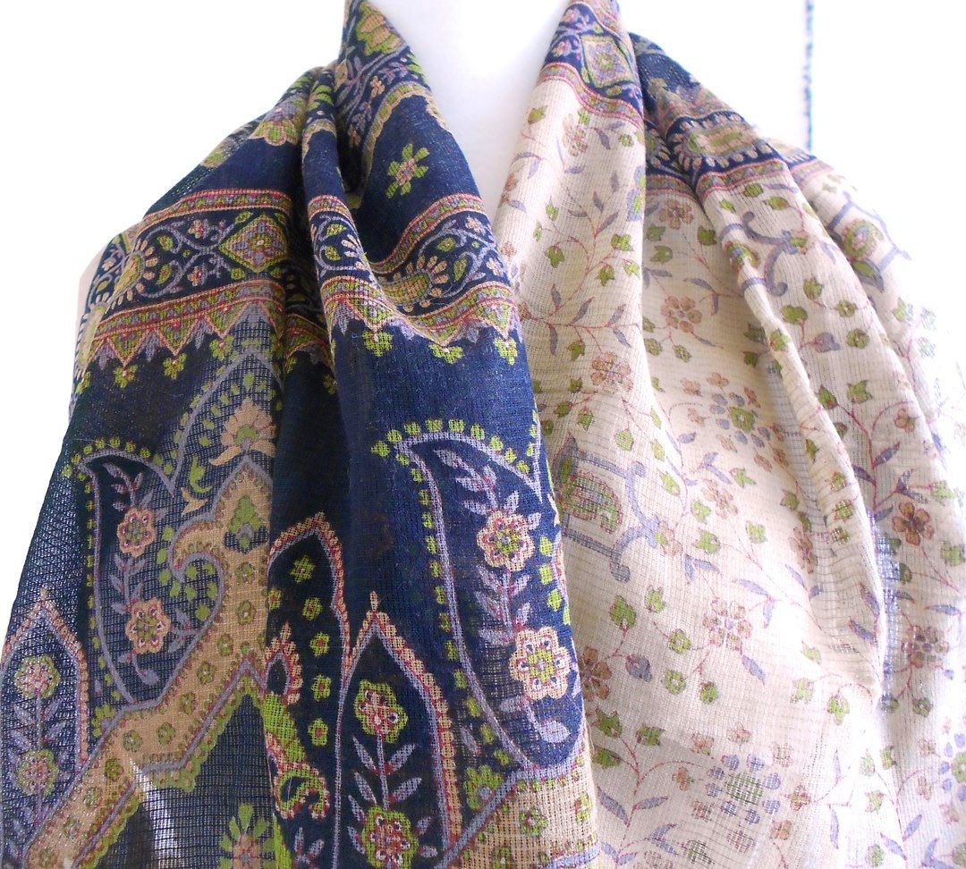 Black and Tan Cotton Scarf, Paisley Scarf, Sari Scarf, Indian Scarf, Floral Scarf, Cotton Shawl