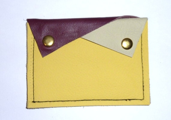 Leather Handmade Stitched Purse Wallet Color Block Bright Yellow Purple Cream Upcycled Reclaimed Geometric