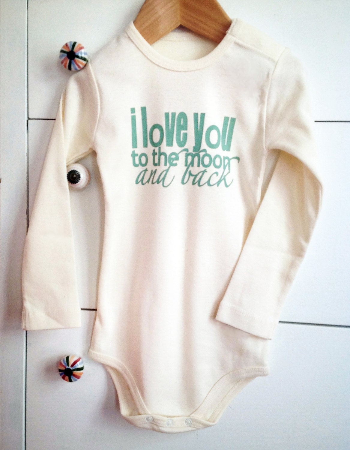 Handprinted cotton organic baby bodysuit long sleeves. I love you to the moon and back