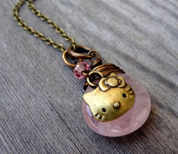 ON SALE Bronze wire wrapped Pink Rose Quartz pendant with Hello Kitty Cat crystal charm Handmade Necklace