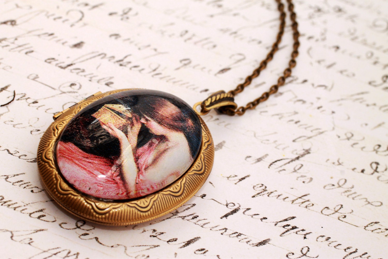 Pre raphaelite photo locket necklace, bronze picture locket, large oval locket pendant, romantic jewelry