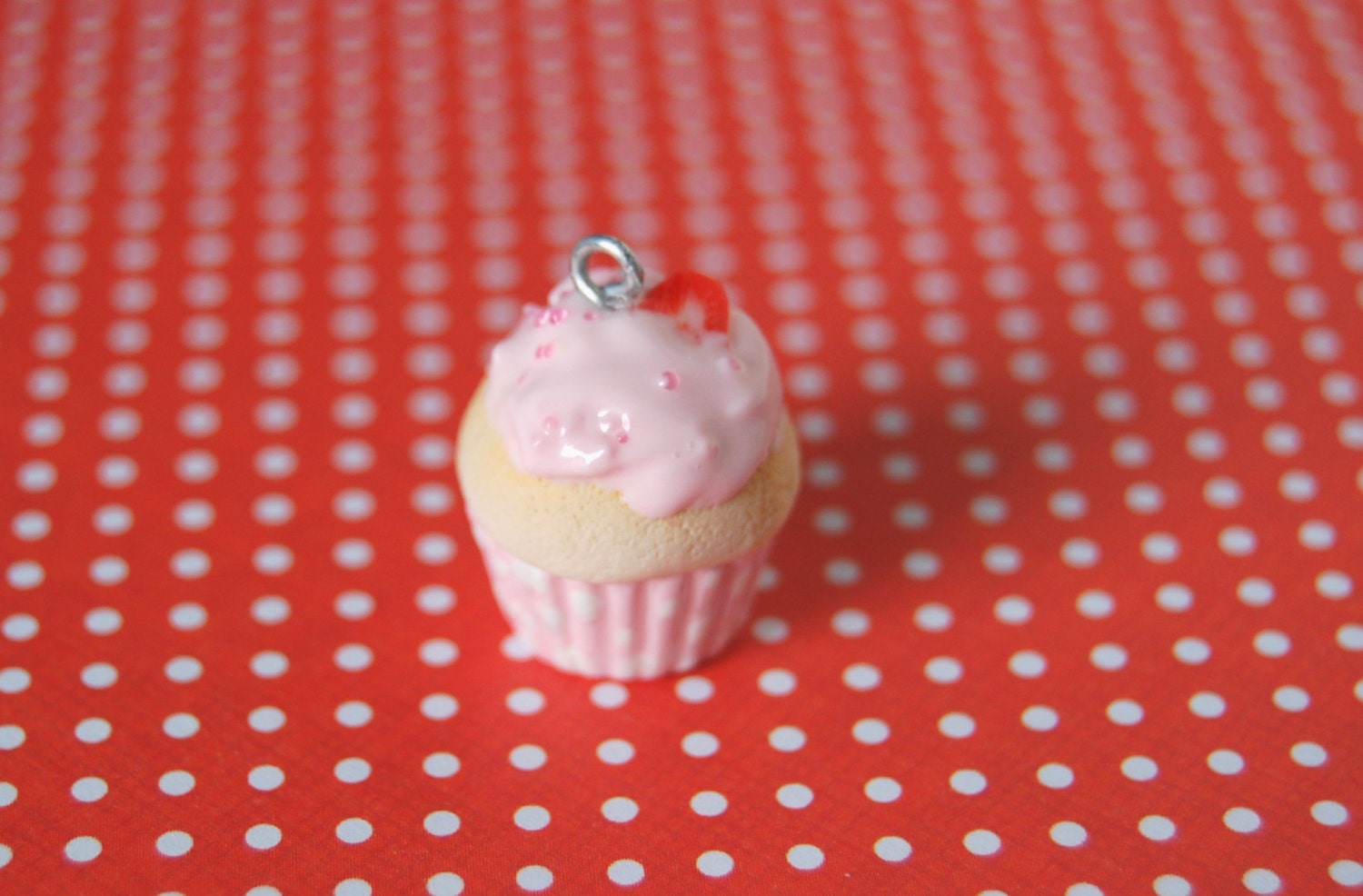 Strawberry Polka Dotted Polymer Clay Cupcake Charm