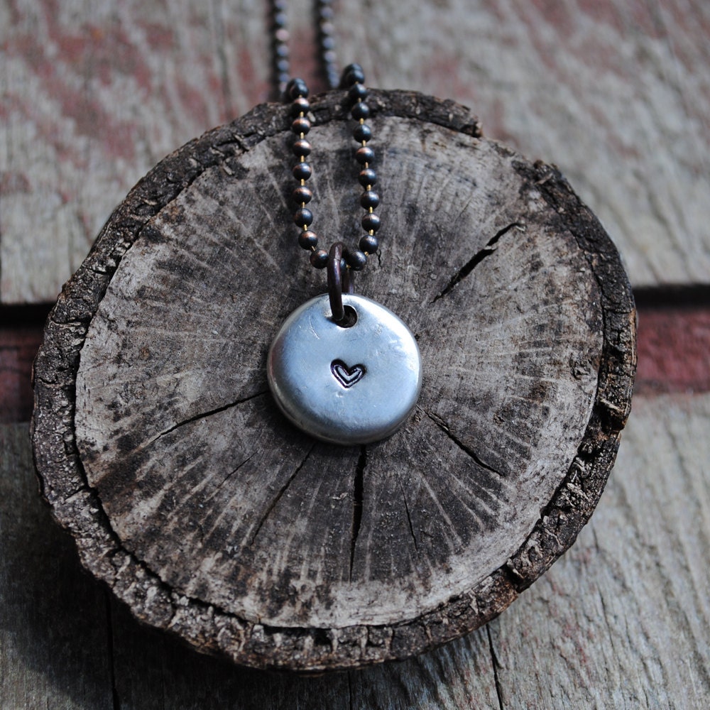 Heart Necklace, Pewter Pebble with Sweet Heart Symbol and Rustic Copper Ball Chain