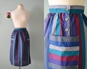 60's High Waist Vertical Striped Button Down Pocket Grey Burgundy Teal Blue Retro Pencil Skirt Size XS S 7 8