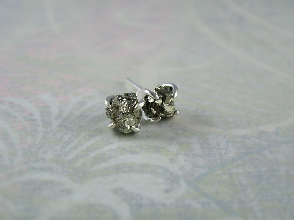 Raw Uncut Pyrite Rustic Prong Sterling Silver Stud Post Earring