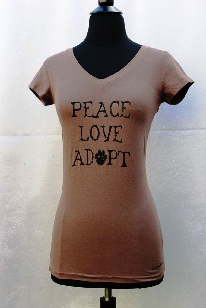 Peace Love Adopt - Ladies Tshirt in Brown - supports animal rescue